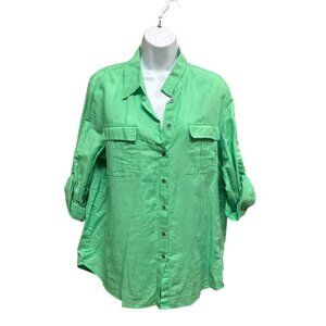 Chaus Spring Green Linen-Cotton Blend Roll-Tab Sleeve Button-Up Blouse Size L